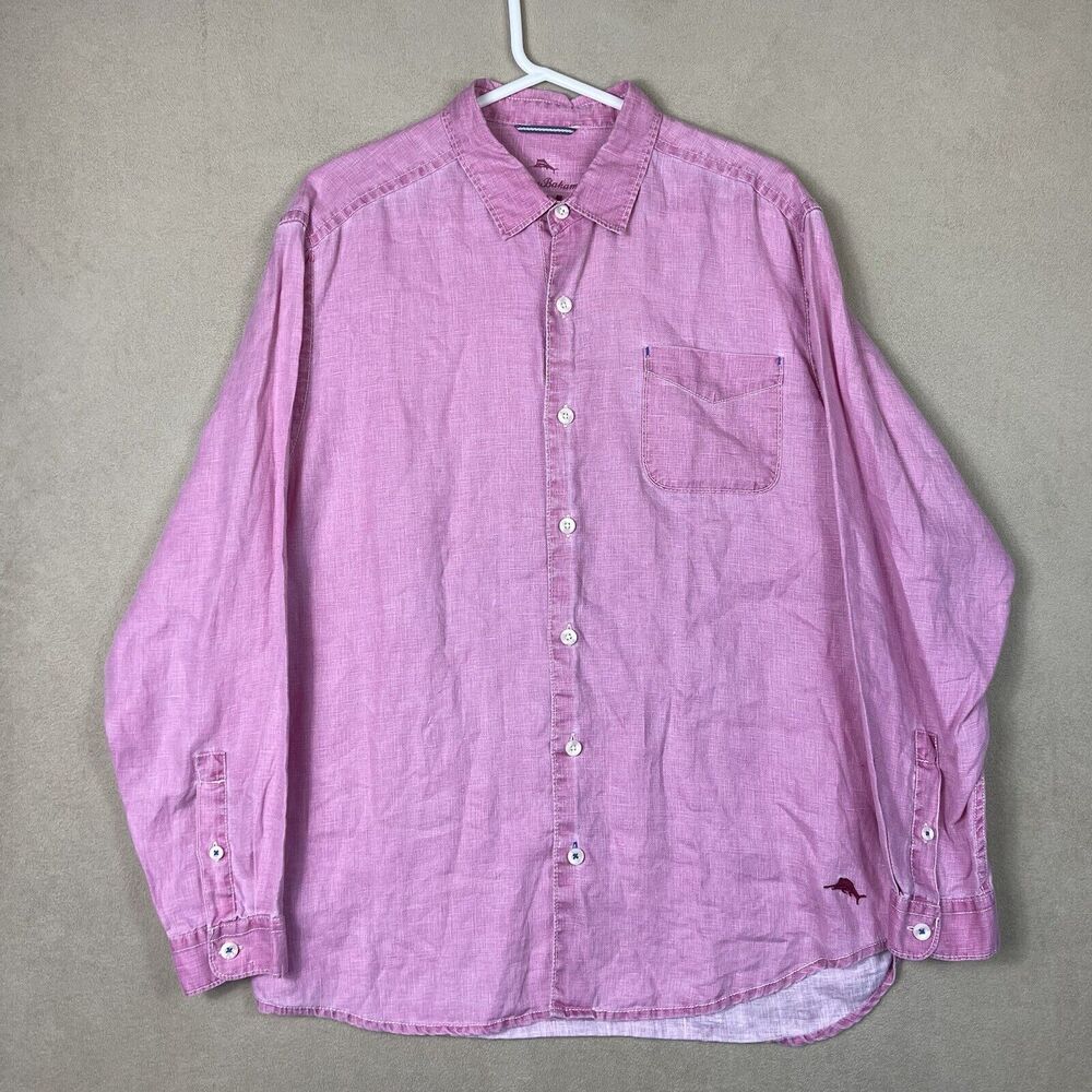Tommy Bahama Shirt Adult Large Pink Relax Linen Hawaiian Pocket Mens